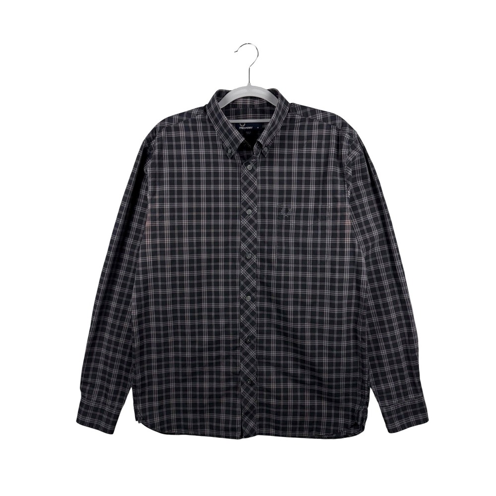 FRED PERRY Long Sleeve Black Gray Plaid Shirt Men's Size M, 100% Cotton